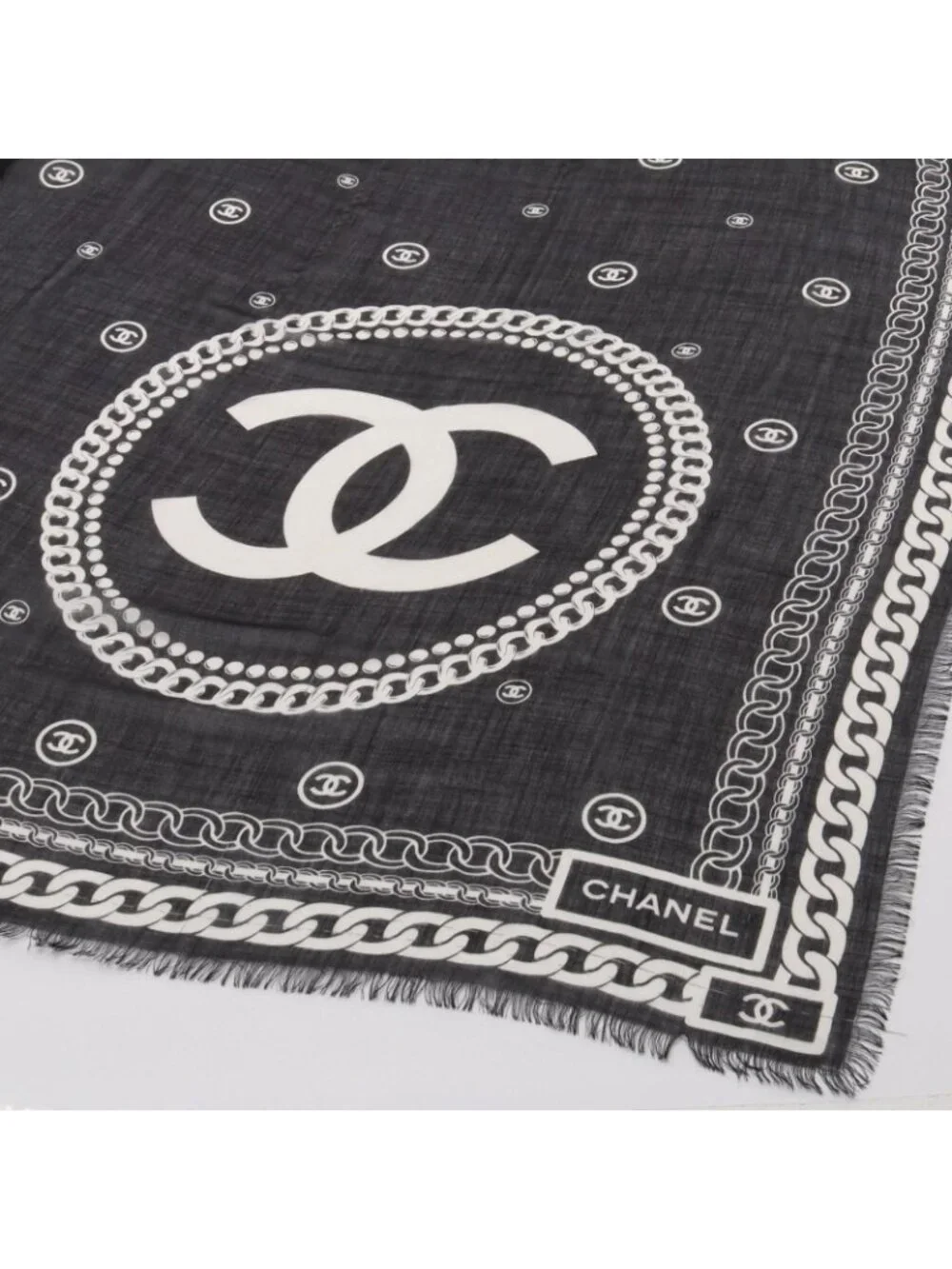 Chanel Shawl CC Logo Black Silk Scarf